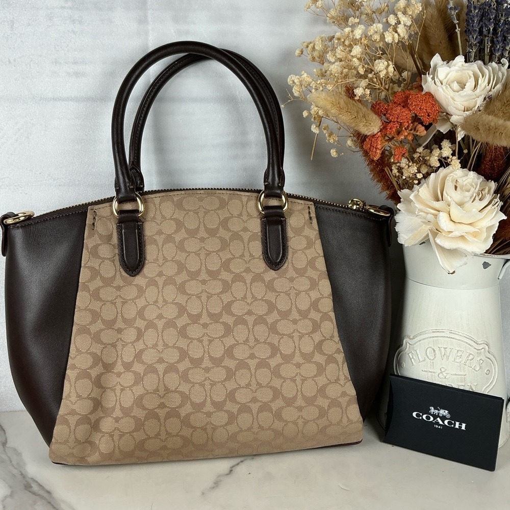 Coach Elise hand Crossbody Bag Brown Tan Signature Jacquard Satchel Fall Purse - Picture 8 of 10
